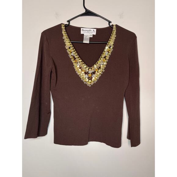 Joseph A Tops - 2000s Y2K Joseph A Viscose Chocolate Brown Gold 3D Jeweled Beaded Shirt M